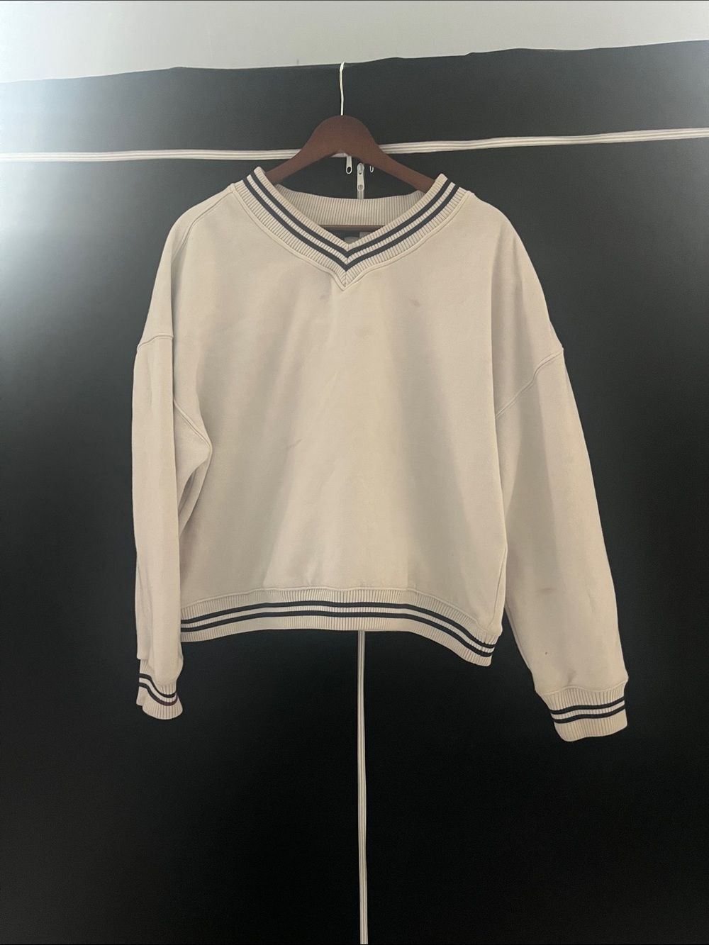 Forever 21 Cream V-Neck Sweater with Navy Stripe Trim